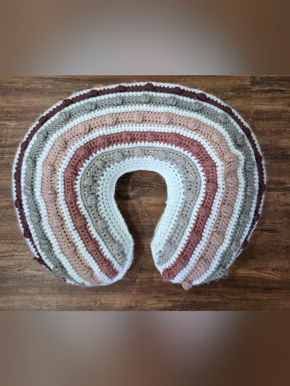 Handmade White, Blush, Taupe Crochet Rainbow Pillow Cover With Pillow